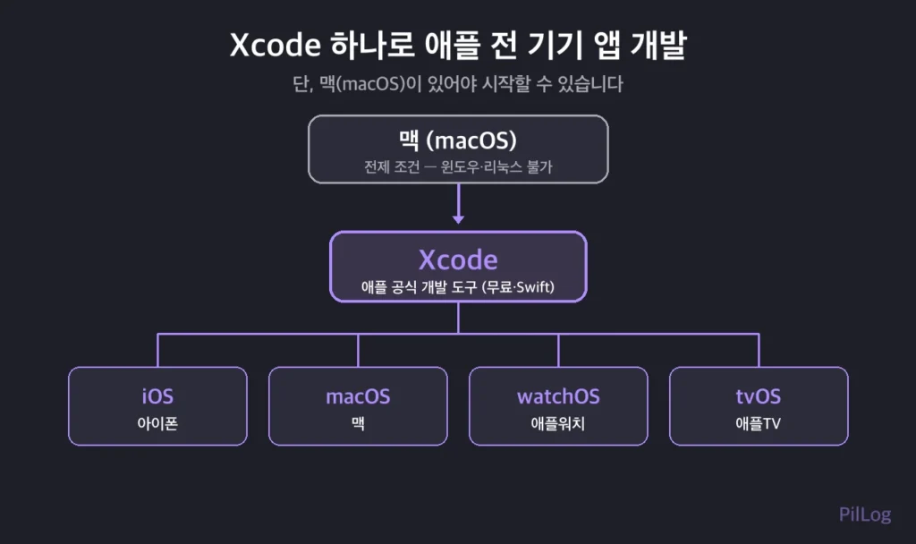 Xcode가 맥을 전제로 iOS·macOS·watchOS·tvOS 애플 전 기기 앱을 만드는 구조도