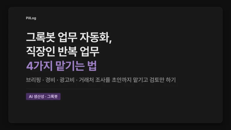 그록봇 업무 자동화, 직장인 반복 업무 4가지 맡기는 법 PilLog 표지. 우선순위 브리핑, 경비 정리, 광고비 점검, 거래처 조사를 초안까지 맡기고 발송과 변경은 승인으로 확인하는 방법을 다룬다.