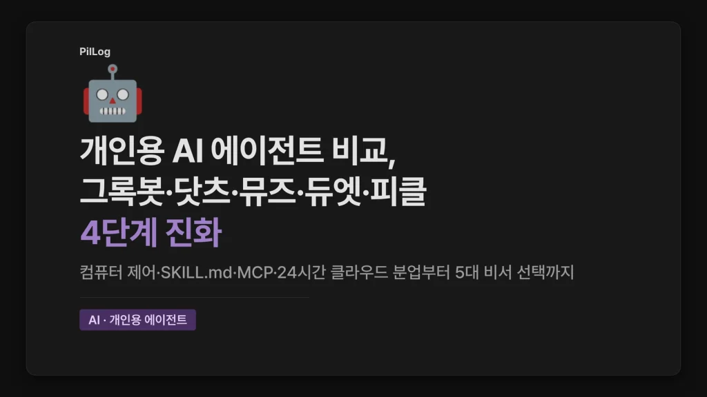 `개인용 AI 에이전트 비교, 그록봇·닷츠·뮤즈·듀엣·피클 4단계 진화 PilLog 표지. 채팅 AI에서 스스로 일하는 개인 비서까지의 기술 진화와 5대 에이전트 선택 기준을 다룬다.`